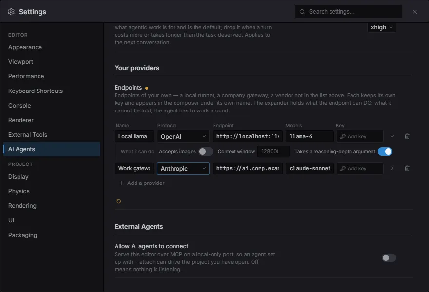 Settings ▸ AI Agents — the table of your own providers: a name, a protocol, an address, model names and a key each, with one row expanded to show what that endpoint accepts