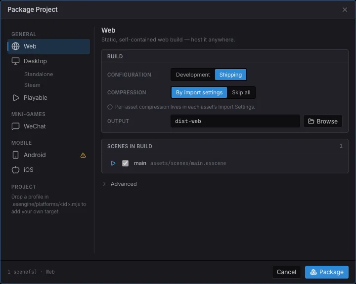 The Package Project dialog — the target list, build configuration, output folder, and scenes in build