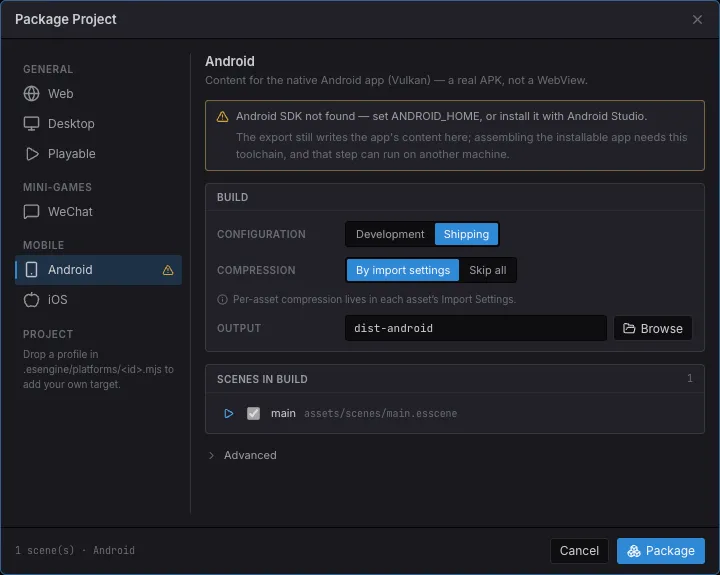 The Package Project dialog with the Android target selected, warning that the Android SDK was not found