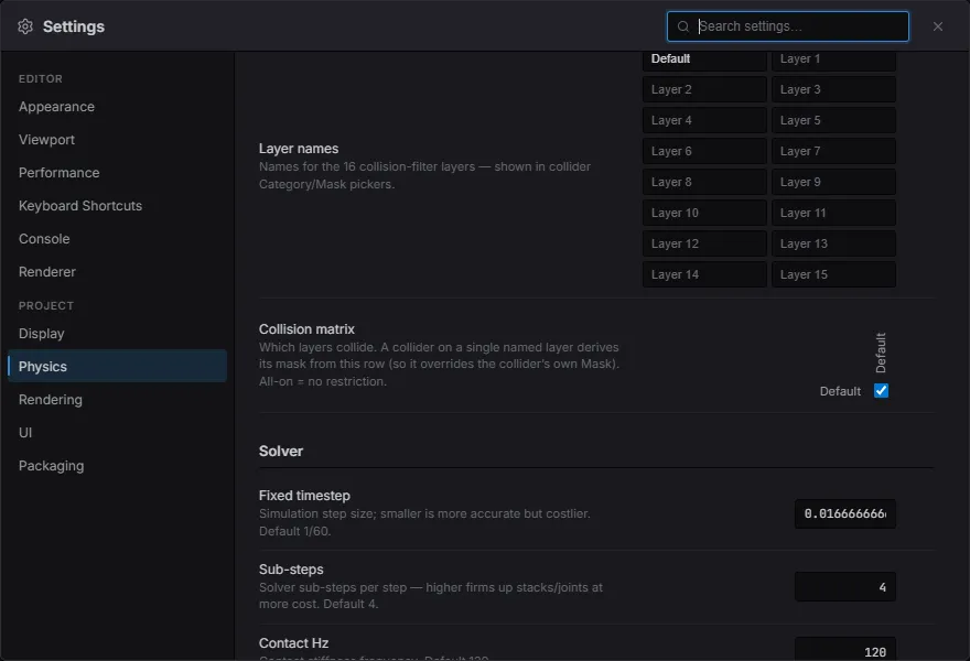Project Settings → Physics — collision layer names and the collision matrix