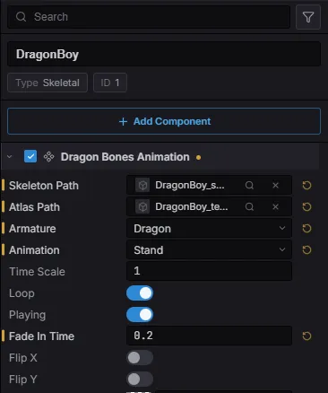 The DragonBonesAnimation component in the Details panel — asset slots for the skeleton and atlas, and Armature and Animation dropdowns filled from the file