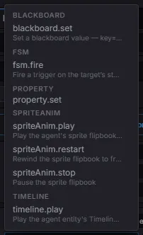The action palette, grouped by namespace