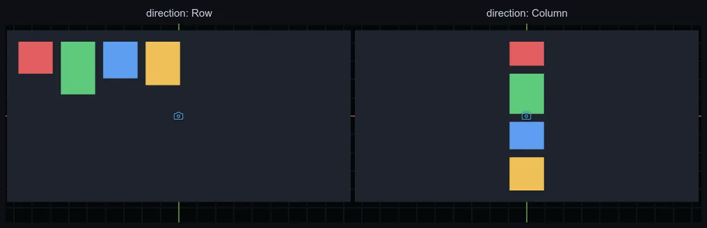 The same four boxes laid out live in the editor as a Row and as a Column