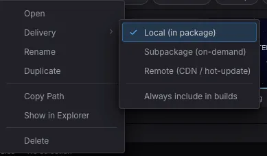 Right-clicking a folder in the Content Browser and choosing Delivery → Remote (CDN / hot-update)