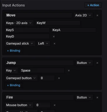 The Input Map editor — named actions with keyboard and gamepad bindings