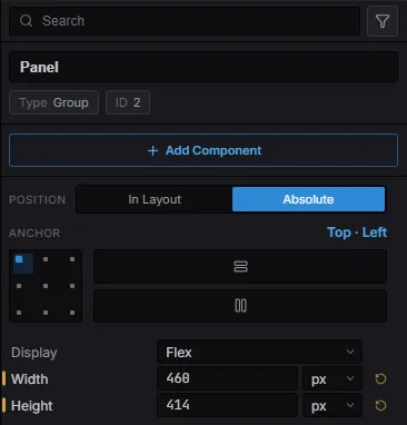 The Details panel showing the anchor grid and layout controls for a UI node