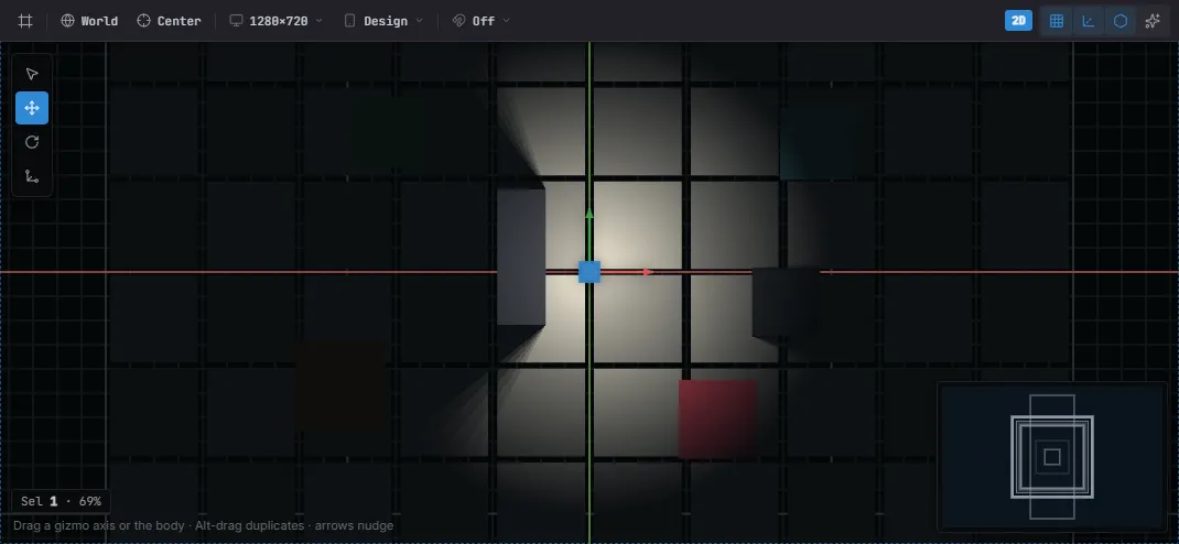 A 2D light in the editor viewport — its reach and the shadows its casters throw