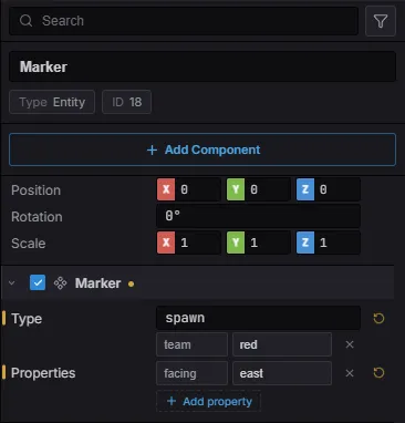 The Marker component in the Inspector — a Type field and a key→value Properties map with an Add-property button