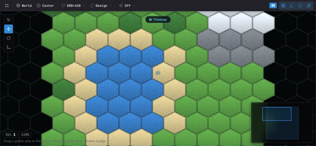 A hexagonal tilemap in the viewport