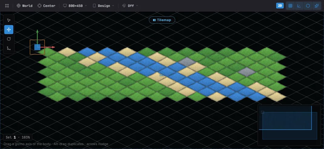 A staggered-isometric tilemap in the viewport