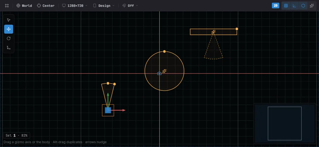 Emitter shape gizmos in the viewport — a cone, a circle, and a rectangle