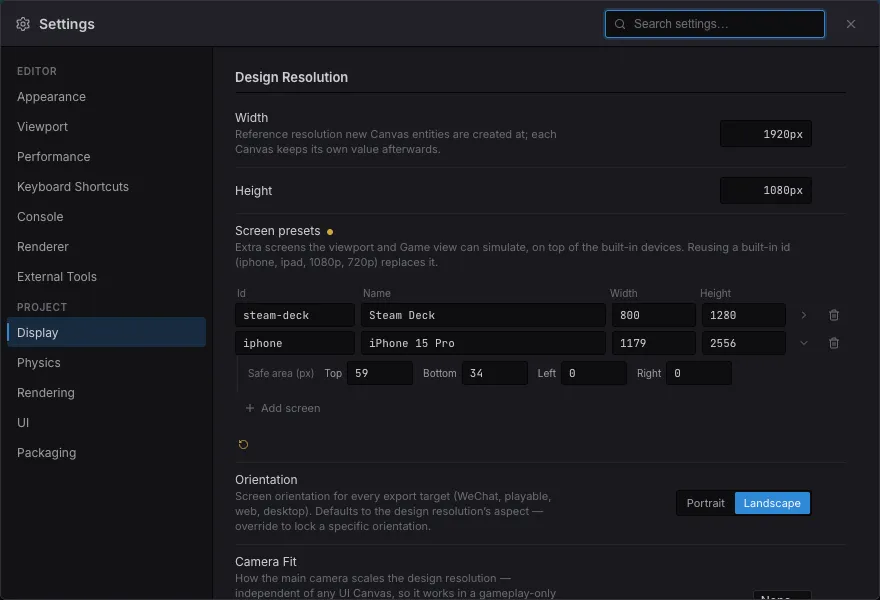 Project Settings showing a screen preset row with its safe-area insets expanded