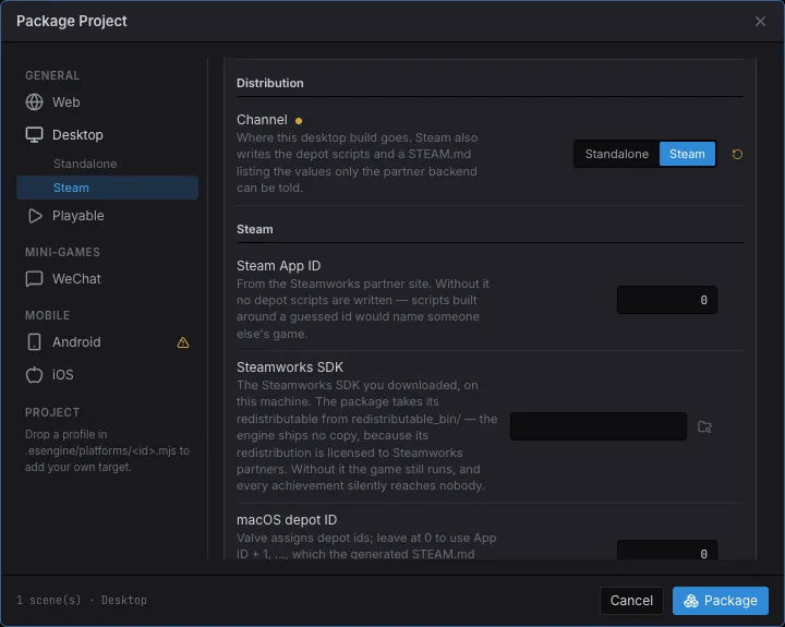 The Package Project dialog on Desktop → Steam: the Channel row set to Steam, and the Steam group with App ID, Steamworks SDK and the per-OS depot ids