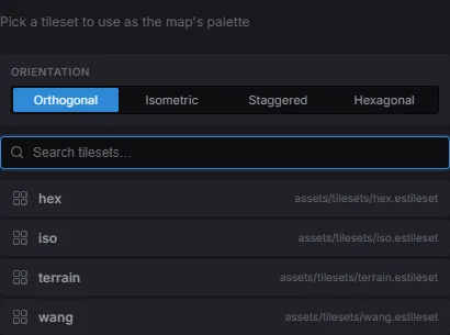 The New Tilemap dialog — orientation picker and tileset list