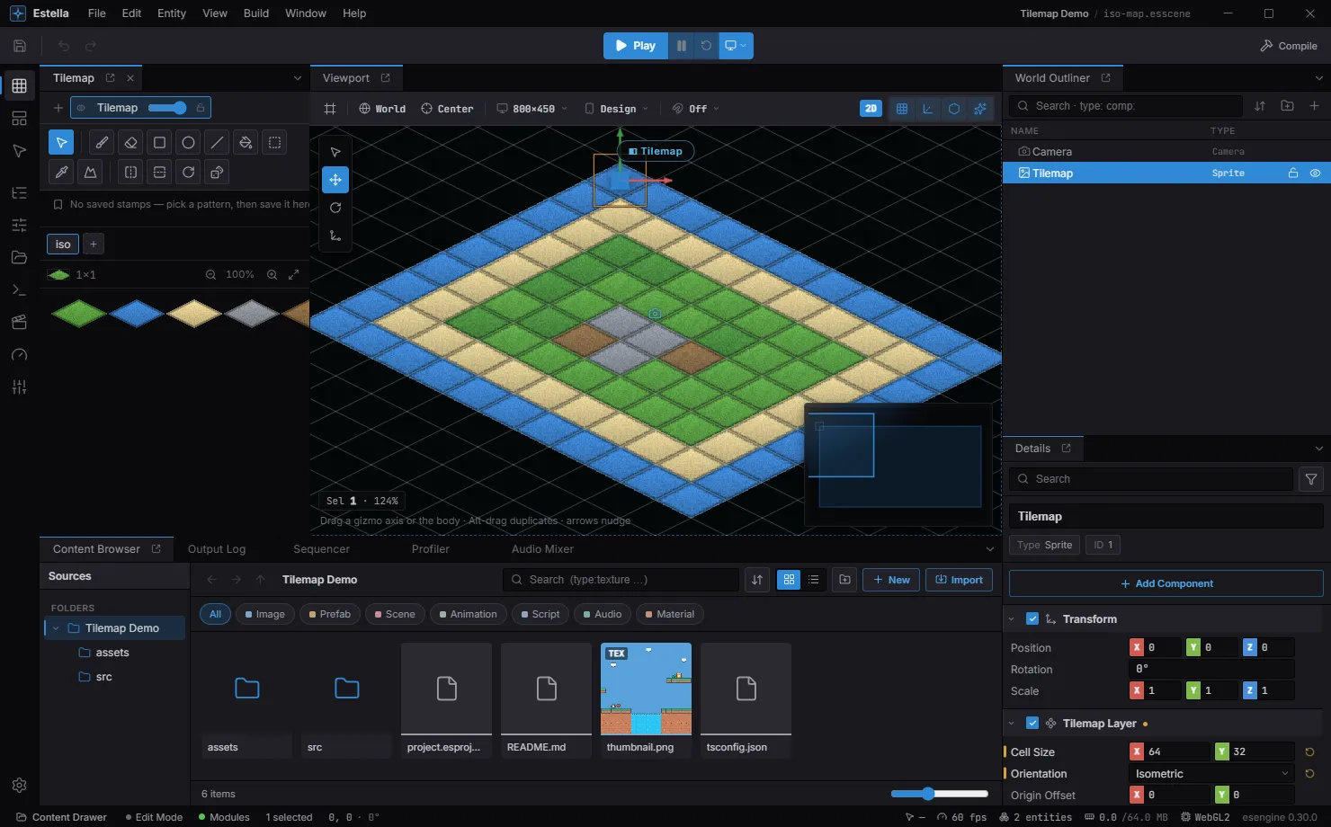 The Tilemap painter open beside an isometric map in the Estella editor