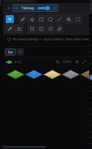 Close-up of the Tilemap painter panel — tool row and tile palette