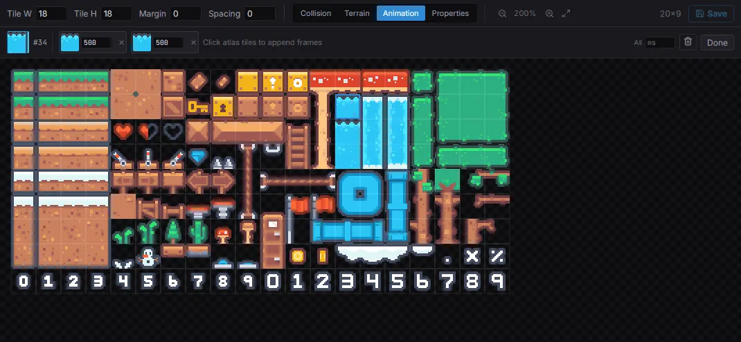 The Tileset editor in Animation mode — a tile’s frame strip with per-frame durations