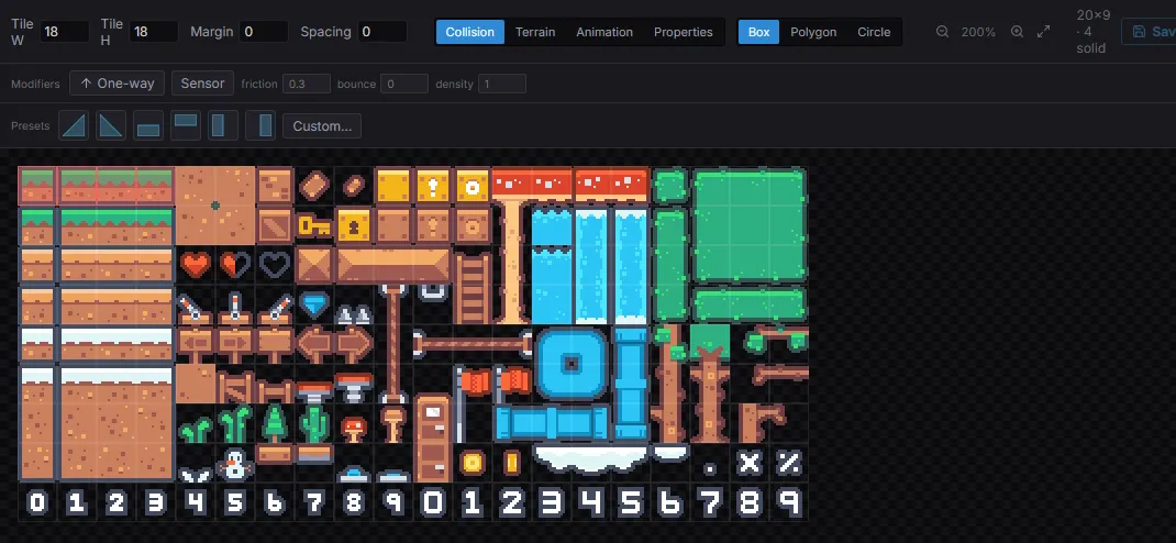 The Tileset editor in Collision mode — shape tabs, modifiers, slope presets, and collision overlays on the atlas