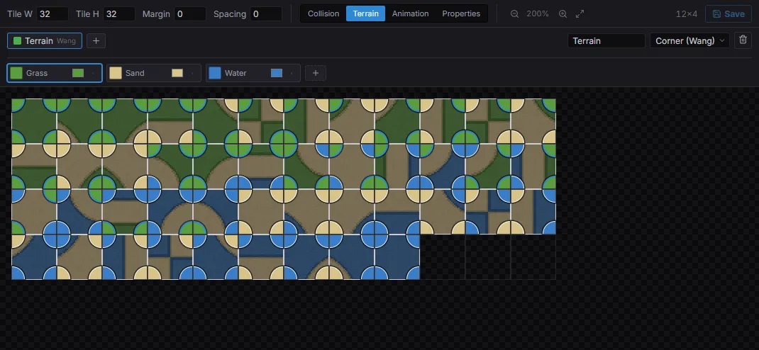 The Tileset editor in Terrain mode — a corner-Wang set with Grass / Sand / Water colors
