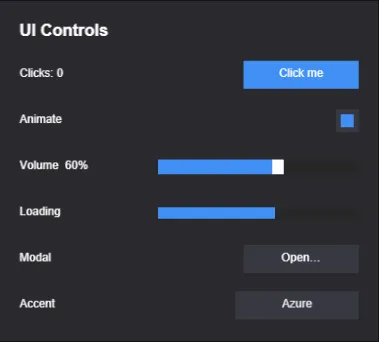 The built-in widgets running — a Button, Toggle, Slider, Progress bar, a Dialog trigger, and more, in one panel