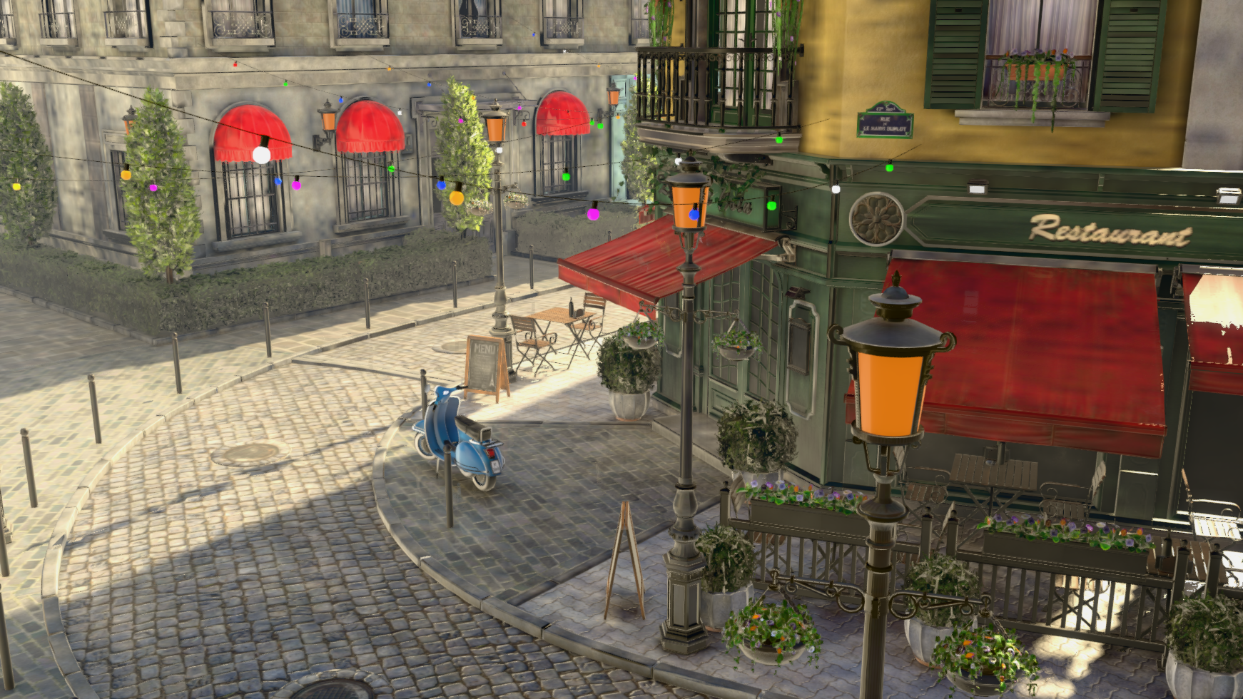 A Paris street corner in daylight, rendered in real time by the Estella engine: a cafe, a scooter, cobbles and sun shadows